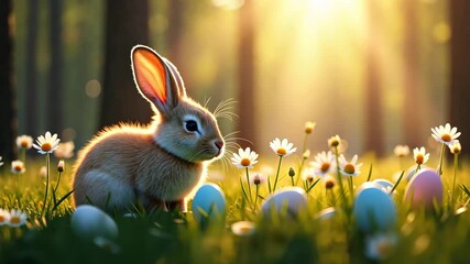 Cute rabbit sitting in sunny meadow with daisy flower and easter egg for spring holiday season