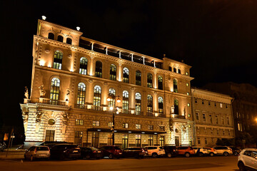 An old beautiful building in the center of St. Petersburg at night.