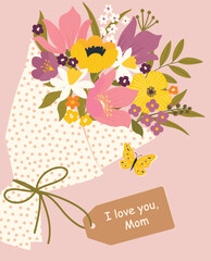 Bouquet of spring fresh flowers wrapped in gift paper. Beautiful lush roses for Mother's Day. Holiday floral decor. Hand-drawn Vector set. Colorful isolated illustration