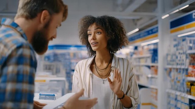 Medium shot of a customer evaluating various upgrade options presented by a store employee showcasing strategies to enhance transaction size and customer satisfaction.