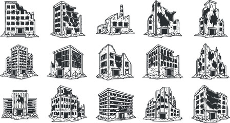 Naklejka premium Illustration set of damaged and abandoned buildings in black and white, perfect for urban decay themes and design projects