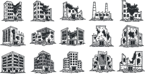 Fototapeta premium Detailed vector illustration set of abandoned and destroyed buildings in a black and white sketch style, ideal for urban design projects.