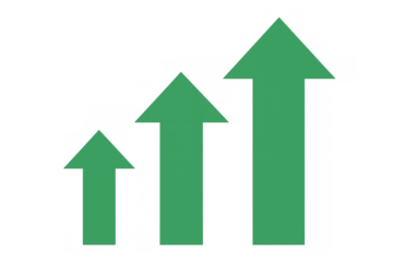 Green arrows rising showing increasing growth, business improvement, financial success, and upward progress on transparent background