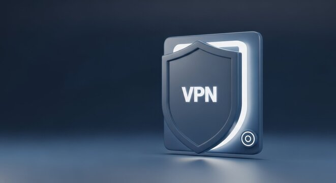 VPN connection displayed on blue backdrop with gray icon shield. VPN connection assures security and privacy with a firewall symbol, presenting an illustration of data encryption.