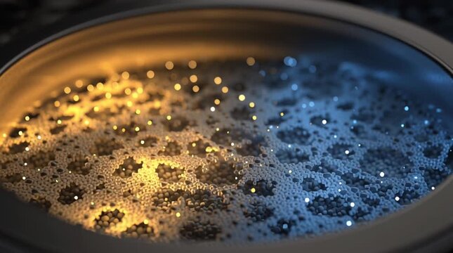 Conceptual microscopic view inside a gas centrifuge, showing uranium enrichment as blue U-238 isotopes move outward while glowing golden U-235 concentrates at the center.
