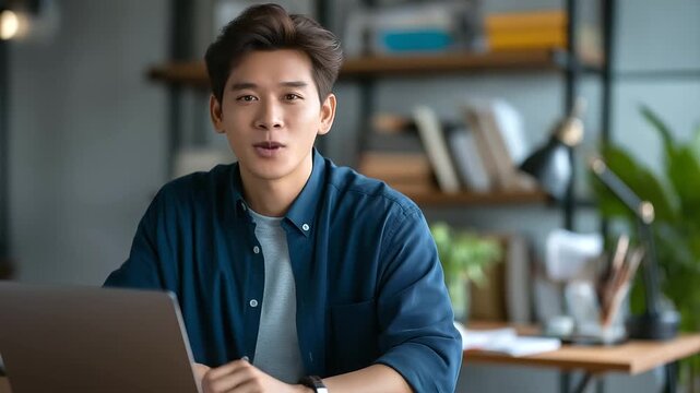Faceless young Asian man working on laptop at home office workspace books plants decorating background remote work concept freelance business career digital lifestyle work fro