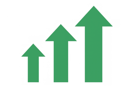 Green arrows rising showing increasing growth, business improvement, financial success, and upward progress on transparent background