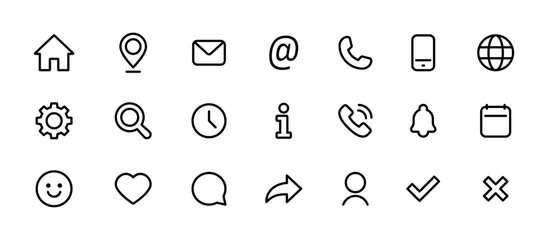 Interface icons set. Home, mail, phone, user, location, globe, settings and other interface elements in clean outline style vector illustration. Essential web and mobile app tools signs and icons.