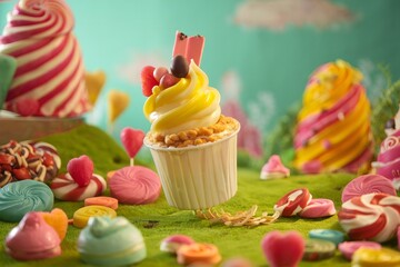 Whimsical Ice Cream Cup on Lush Greenery with Candy Landscape