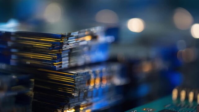 Medium shot of layered cobalt strips carefully stacked and bonded highlighting the intricate assembly process of battery components.
