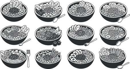 Collection of minimalist black and white vector illustrations of various healthy bowls filled with salads and fruits for dietary and culinary projects