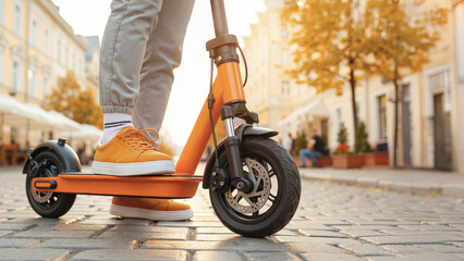 close-up of a person standing on an electric scooter while riding through a bright urban street during a warm sunny day