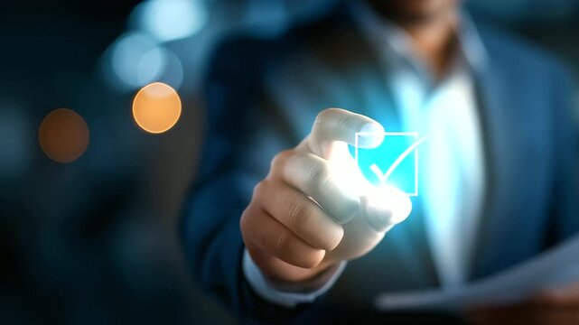 Faceless businessman presenting online document validation icon interface quality assessment management checklist business evaluation process market data report analysis consul
