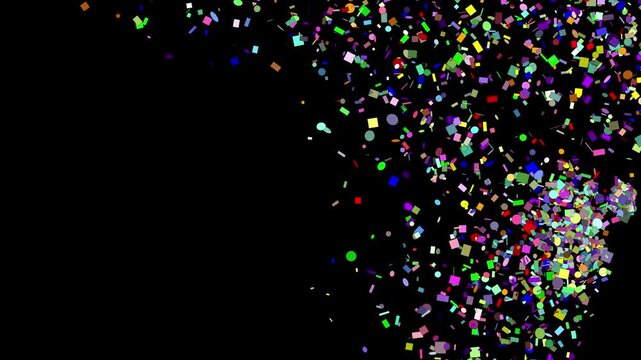  Colored confetti of many shapes and dimensions from all border of frame on black background