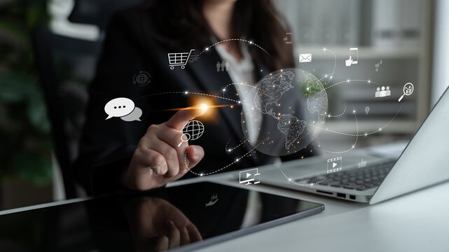 Visualization of global digital communication and online across multiple platforms, including global network, digital network, communication network, and online network. Latch