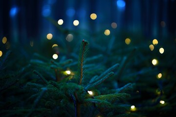 Close-up of a Pine Branch with Festive Bokeh Lights