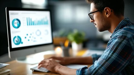 Faceless marketer analyzing digital marketing dashboard with detailed charts pie graph statistics organizational chart structure performance data analytics business - Powered by Adobe