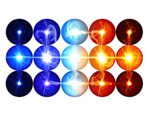 Energetic orbs of radiant light, connecting with luminous trails against a dark void background