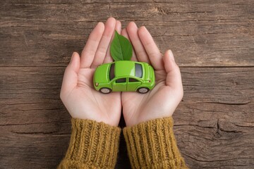 A serene top view captures a woman's hands protecting a miniature electric car on a rustic wooden surface, evoking a sense of responsibility and eco-consciousness