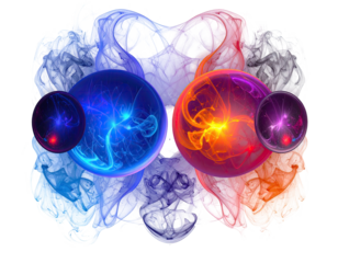 Artistic depiction of ethereal energy spheres surrounded by smoke-like colored patterns