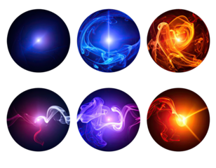Six glowing spheres in varied colors, emanating light and swirling ethereal energy against a dark backdrop