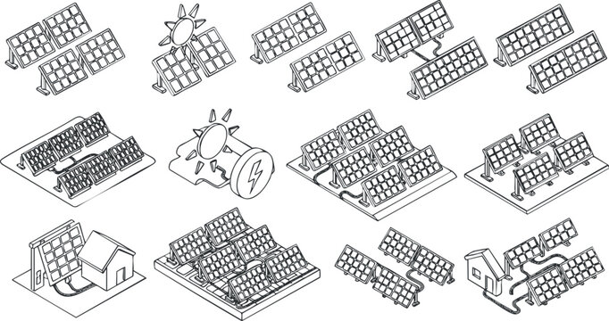 Isometric vector illustration of solar panels and related elements for renewable energy projects and sustainable design