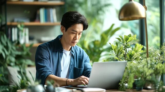 Faceless young Asian man working on laptop at comfortable home office desk books plants visible background remote work freelance digital business lifestyle work from home setup