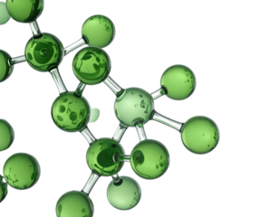 A detailed close-up of a three-dimensional molecular structure with green spheres and gray bonds on black