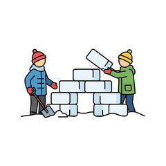 Two workers building an igloo with snow blocks.