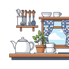 A cozy kitchen scene with shelves, kettle, cups and snowy window.