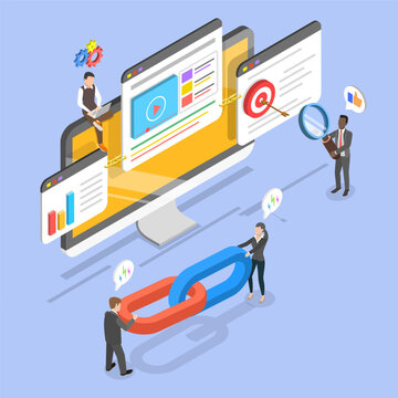 3D Isometric Flat Vector Illustration of Link Building, Mobile Applications Marketing