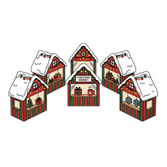 Snowy village market houses forming a festive row.