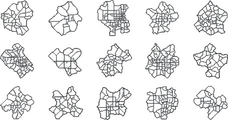 Geometric black and white vector illustration of abstract city maps in a collection for design and urban planning projects