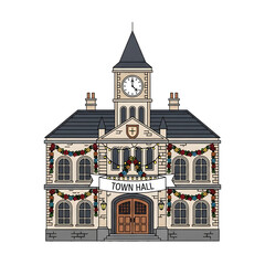 Large detailed snowy old building with tower and Christmas decor.