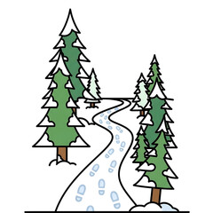 Snowy forest with winding river among pine trees.