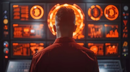 Business insights  individual analyzes cryptocurrency data and bitcoin symbols on digital display