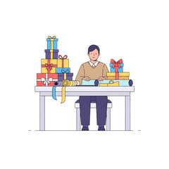 Person working at desk surrounded by wrapped gifts.