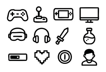 Set of gaming icons in simple bold-line style: game controller, joystick, handheld console, monitor, VR headset, headphones, sword, potion, progress bar, pixel heart, target, gamer avatar.