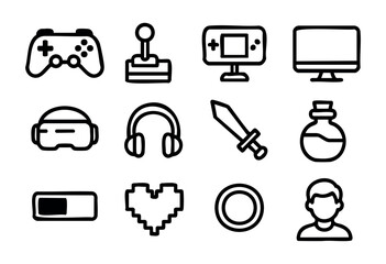 Set of gaming icons in simple bold-line style: game controller, joystick, handheld console, monitor, VR headset, headphones, sword, potion, progress bar, pixel heart, target, gamer avatar.