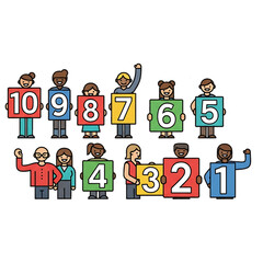 Kids holding colorful numbers in playful formation.