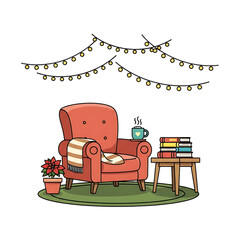 Cozy reading corner with armchair and lights.