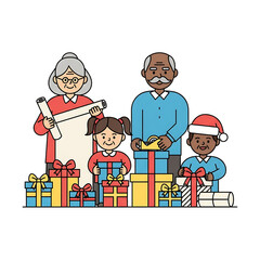 Family celebrating together with gifts around.