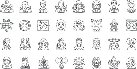 Collection of outline vector icons depicting diverse people, families, and cultural symbols for social and community themes