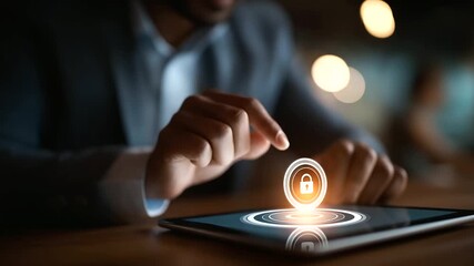 Close up faceless businessman using digital tablet with holographic security lock icon cybersecurity data protection concept encryption technology AI security system online - Powered by Adobe