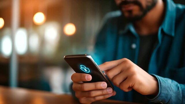 Close up faceless man using smartphone with virtual password input interface login button authentication secure mobile access control user verification cybersecurity protection