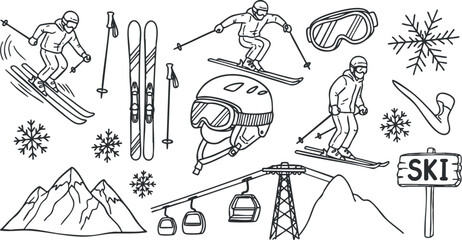 Obraz premium Line art vector illustration of skiing elements including skiers, snowflakes, mountains, and ski equipment for winter sports design.