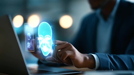 Deepfake detection AI technology concept faceless businessman using laptop with digital facial recognition interface overlay cybersecurity verification identity authentication - Powered by Adobe