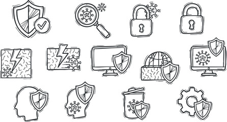 Hand-drawn vector icon set featuring security symbols such as shields, locks, and virus icons for digital protection themes