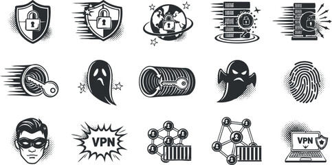 Vector icon set featuring cybersecurity elements including VPN, shields, ghosts, and fingerprint designs for technology concepts.