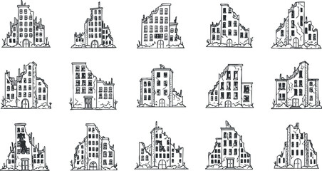 Hand-drawn vector illustration set of unique dilapidated buildings for urban design projects and creative applications